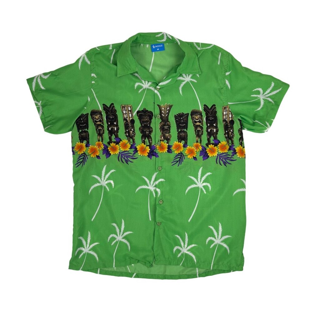 OnShore Hawaiian Shirt Mens Size Medium Green Tiki Statues Tropical Palm Trees S